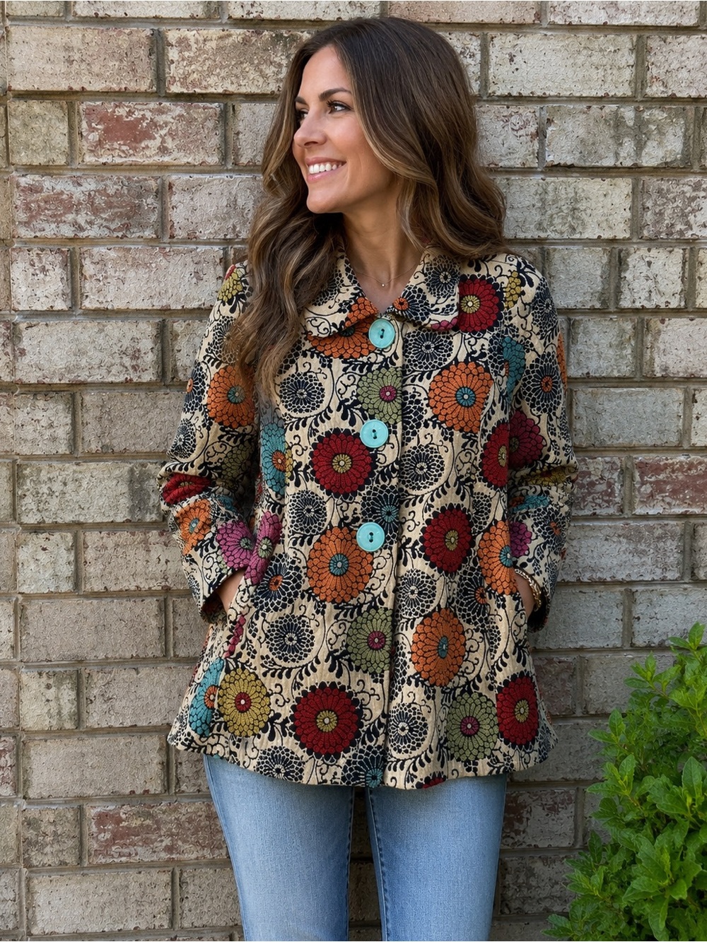 3 Sisters Floral Tapestry Babydoll Jacket Size L Boho Art to Wear